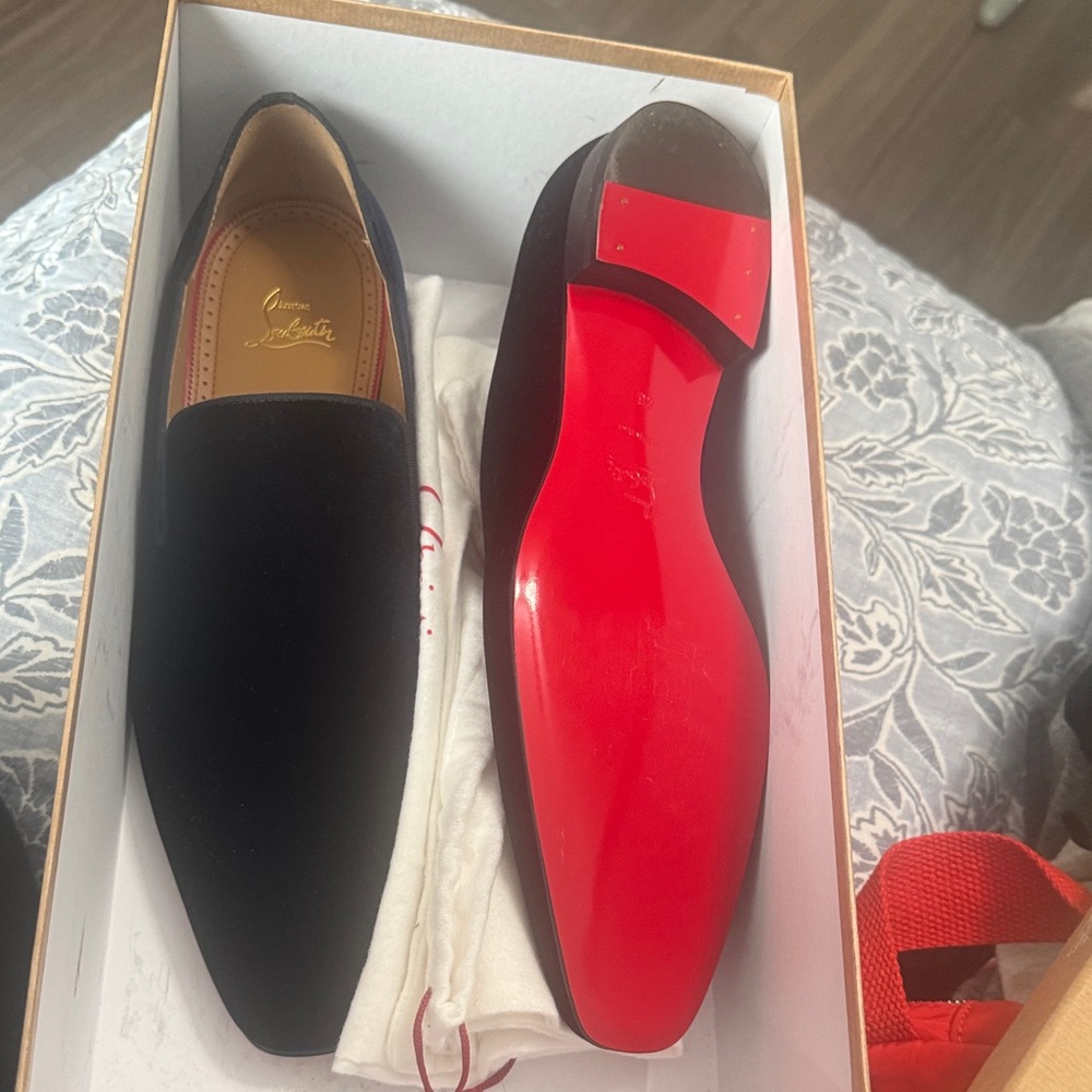 Christian Louboutin Men's Blue Velvet Loafers with Red Sole
